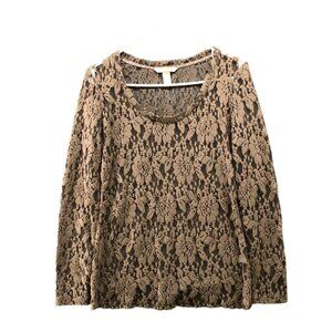 Banana Republic Long Sleeve Lace Top Womens S Brown Scoop Neck Stretch